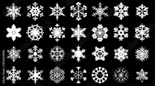 Unique detailed snowflake collection on black background. Winter snow crystals, ice patterns, festive holiday design elements.