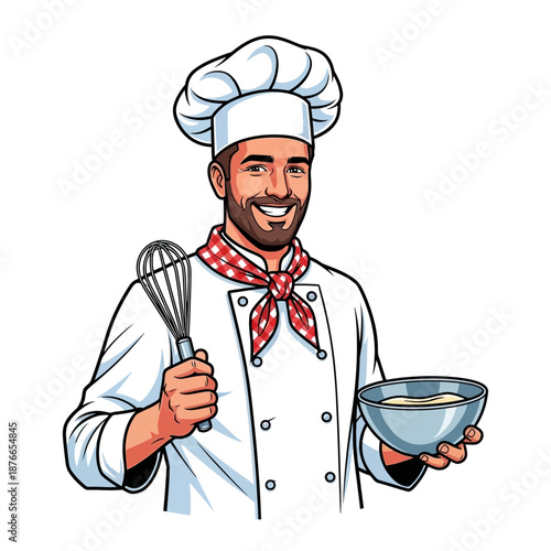 Smiling Chef with Whisk and Bowl
