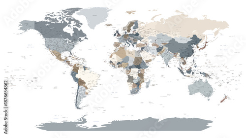 Abstract world map illustration featuring political boundaries of all countries in a muted, textured design