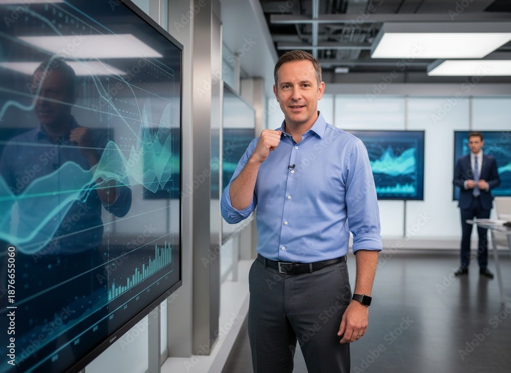 Fototapeta premium Confident businessman presenting data on large screen display