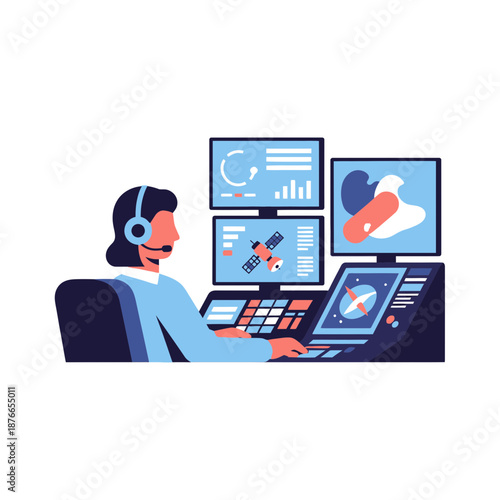 Space mission control operator at workstation