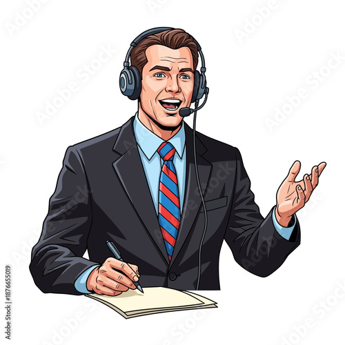 Smiling sportscaster with headphones writing notes