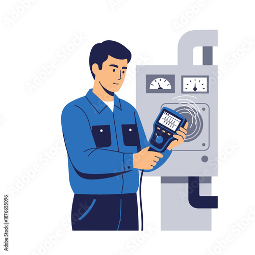 Technician testing industrial equipment with handheld device