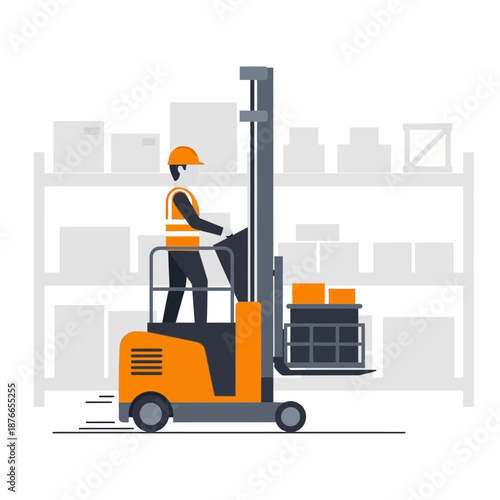 Warehouse Worker Operating Forklift with Boxes