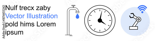 Technology, smart systems, IoT devices, industrial automation, time tracking, water conservation. A faucet, clock and robotic arm with a wireless symbol. IoT devices and technology concepts