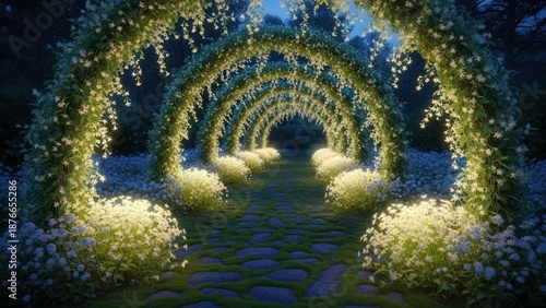 Romantic Flower Archway at Nighttime Event.
