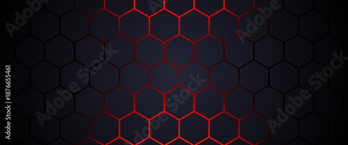 Futuristic hexagon technology background with glowing red edges on dark gradient. Abstract dark hexagon pattern on red neon background technology style.
