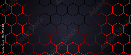 Futuristic hexagon technology background with glowing red edges on dark gradient. Abstract dark hexagon pattern on red neon background technology style.