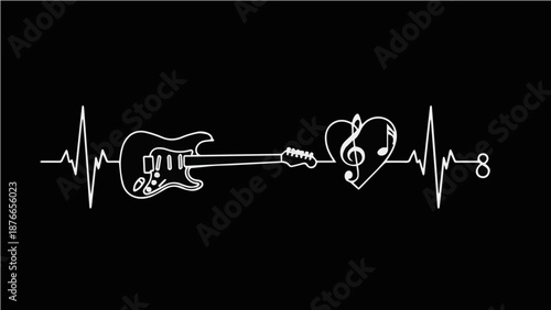 Electric Guitar Music Heartbeat EKG Pulse Line with Heart Treble Clef and Infinity Symbol - Minimalist Musician Graphic Illustration