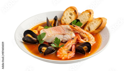 Bouillabaisse stew with rich broth and seafood variety, isolated on transparent background
