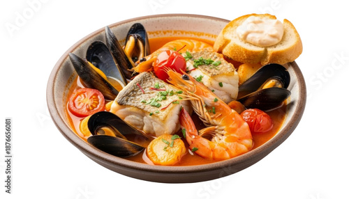 Bouillabaisse stew with rich broth and seafood variety, isolated on transparent background