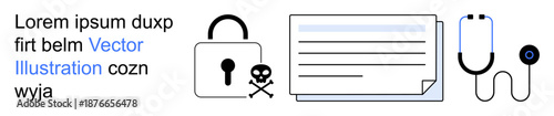 Cybersecurity, healthcare data, medical privacy, online threats, digital safety, identity protection. Lock with skull symbol, document stethoscope. Cybersecurity and healthcare data concept