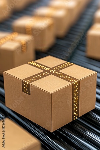 Brown Cardboard Box with Golden Tape on Conveyor Belt