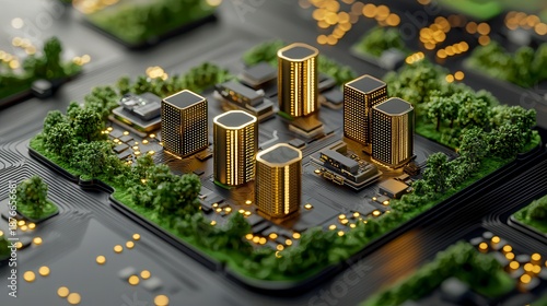 Miniature Gold Cityscape on a Circuit Board