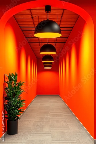 Bright Orange Hallway with Industrial Lighting and Plant