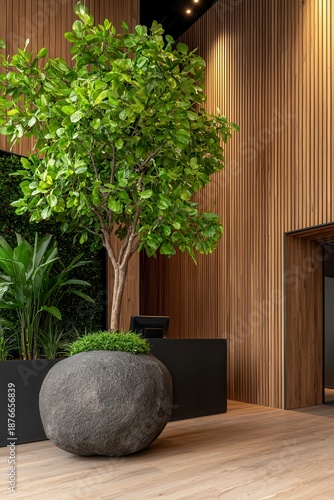 Large Potted Tree in Modern Lobby with Dark Wood Walls