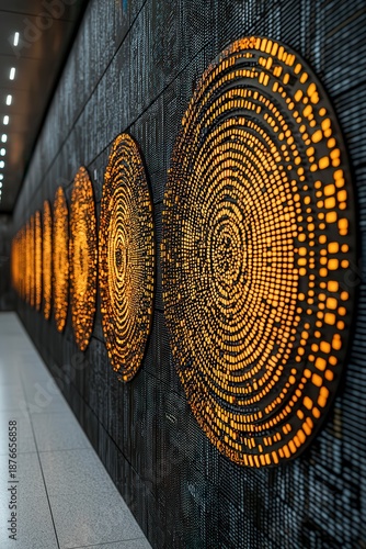 Illuminated Circular Metal Wall Art Installation in Modern Corridor