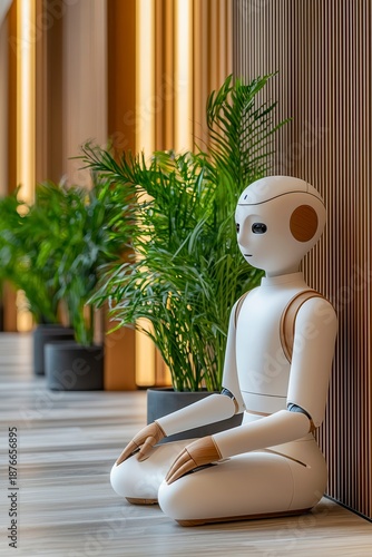 White Robot in Meditation Pose with Greenery in Modern Interior