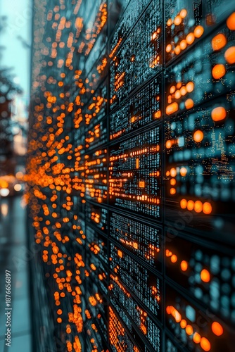 Abstract Digital Data Stream with Orange and Blue Glowing Lines City Background