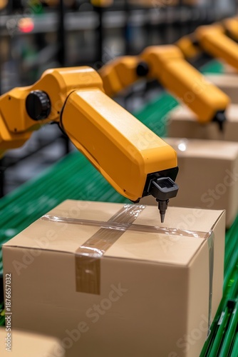 Yellow Robotic Arms Packaging Cardboard Boxes on Conveyor Belt in Modern Factory