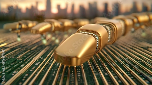 Golden Robots on Circuit Board Against City Sunset