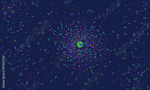 Abstract digital data network vector illustration with colorful nodes and connections. Complex big data visualization concept showing neural system or social graph on dark blue background for tech