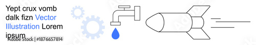 Conceptual ideas of innovation, fluid mechanics, energy, technology, progress, and functionality. A faucet with a water drop, gears and a rocket graphic. Innovation and fluid mechanics concepts