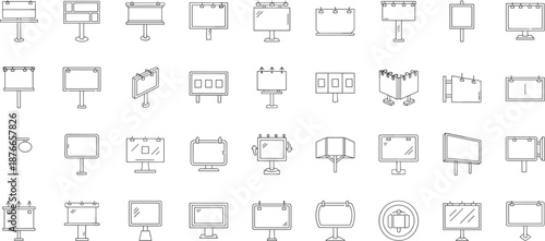 Blue outline billboard icons, signage board vector set, advertising display illustrations, urban marketing design elements collection