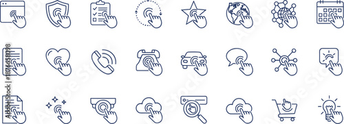 Hand pressing icons, user interface interaction, digital touch gestures, technology control, web elements, mobile app UX symbols