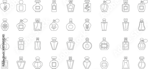 Minimal line art perfume bottle collection, elegant cosmetic fragrance icons set, modern beauty packaging illustration design