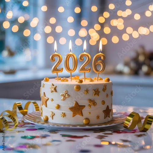 Celebration cake with gold 2026 candles, festive decorations, and confetti for New Year or milestone event