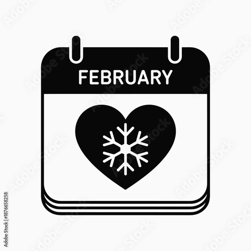 February Calendar Icon with Snowflake Heart, Winter Love and Valentine Month Vector Symbol
