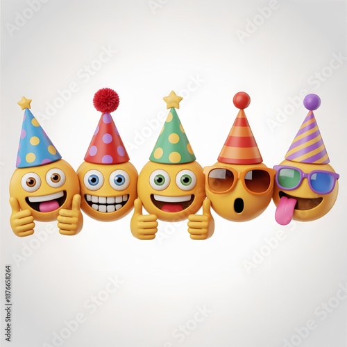 Festive emoji faces with party hats and playful expressions on light background for celebration and digital fun