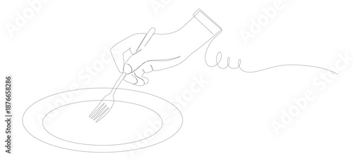Continuous line art of a hand holding a fork and plate with a curved, twisting line. This image is for a restaurant sticker or banner. Vector illustration