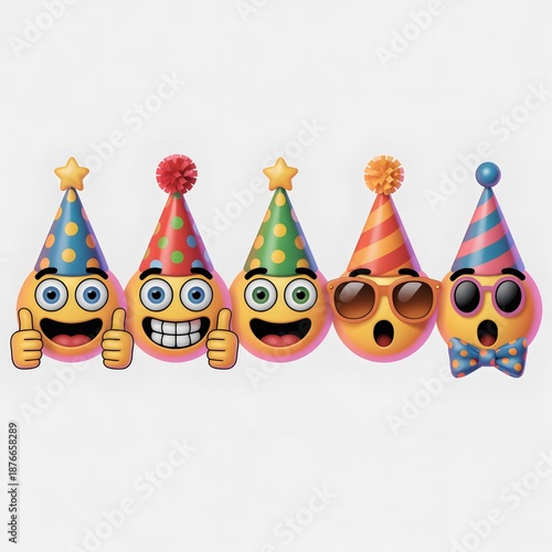 Festive emoji faces with colorful party hats and playful expressions for celebration and digital communication