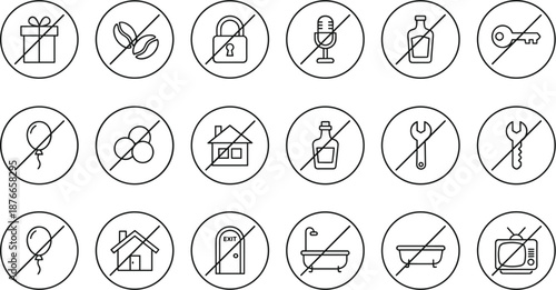 Prohibited items icon set, restriction symbols, no entry signs, banned objects, safety rules, warning graphics, vector illustration