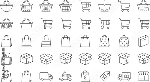 Shopping cart, basket, bag, box, delivery truck, retail icon set, e-commerce symbol, blue line style, vector graphic