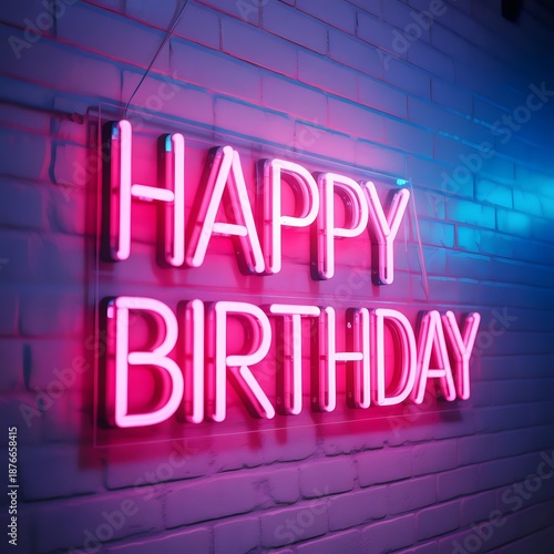 Pink neon HAPPY BIRTHDAY sign on white brick wall with ambient lighting for modern party celebration decor