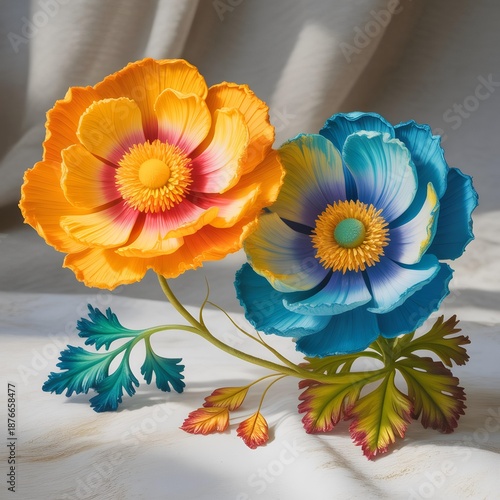 Colorful artificial flowers with detailed textures and gradient leaves on soft fabric background for artistic decor