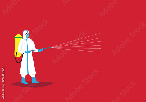 A person in PPE sprays chemicals or disinfectant  or putting out fire