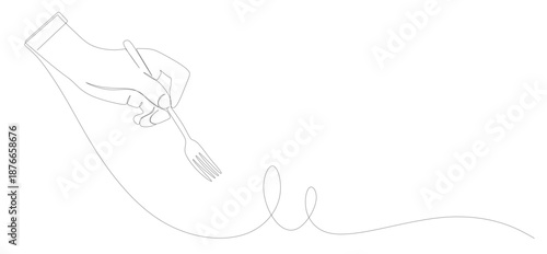 continuous line art of a hand holding a fork with a curved, twisting line. This image is for a restaurant sticker or banner. Vector illustration