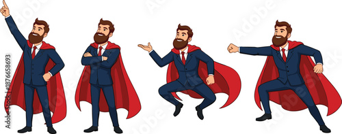 Businessman superhero character in red cape showing confident poses, pointing, standing, jumping, and punching, cartoon vector illustration