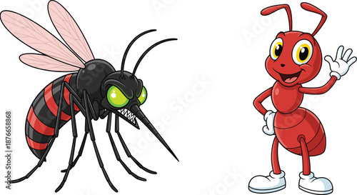 Cartoon mosquito with angry expression and cute smiling ant character, vector insect mascots for education, animation, children’s design illustrations