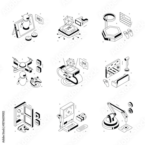 A handy set of digital technology and automation illustration in isometric style