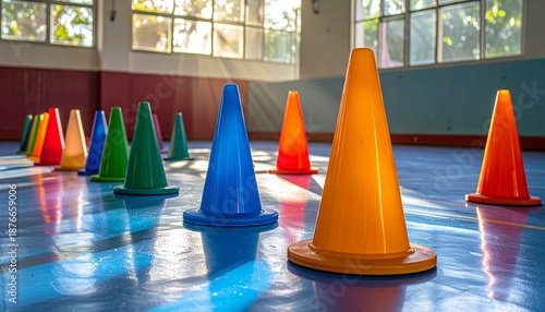 Colorful cones on the gym floor, a sport for children to practice physical education learning skills in school. game