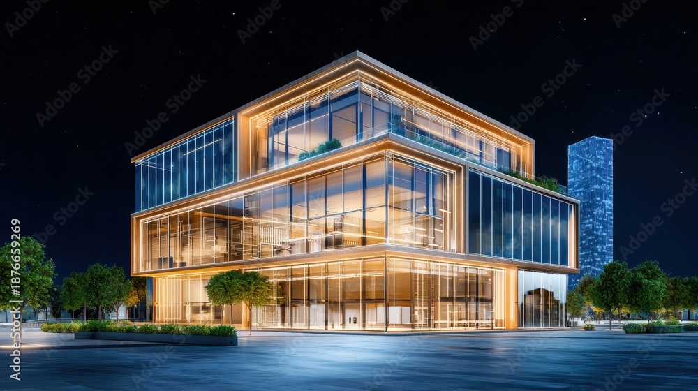 Fototapeta premium Modern Architectural Building with Glass Facade at Night