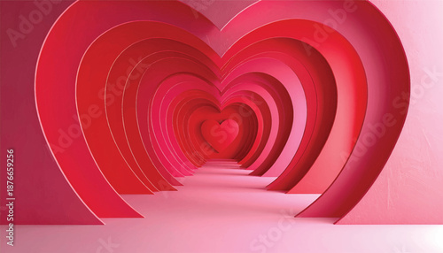 Bold red heart tunnel for premium valentine advertising backdrop. Dramatic love corridor scene for romantic campaign visuals. Heart arch perspective background for luxury wedding promotion