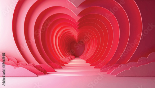 Heart tunnel corridor for luxury romantic branding background. Layered love archway depth scene for valentines promotion. Abstract romantic passage for couple advertising template