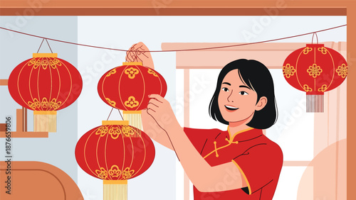 Flat vector illustration of a Chinese woman hanging red lanterns at home, festive Chinese New Year decoration activity symbolizing happiness, tradition, and seasonal celebration