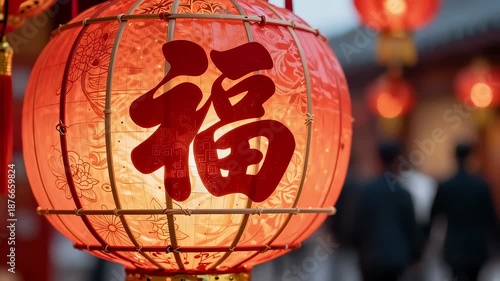 Festive red lantern with Fu character on street